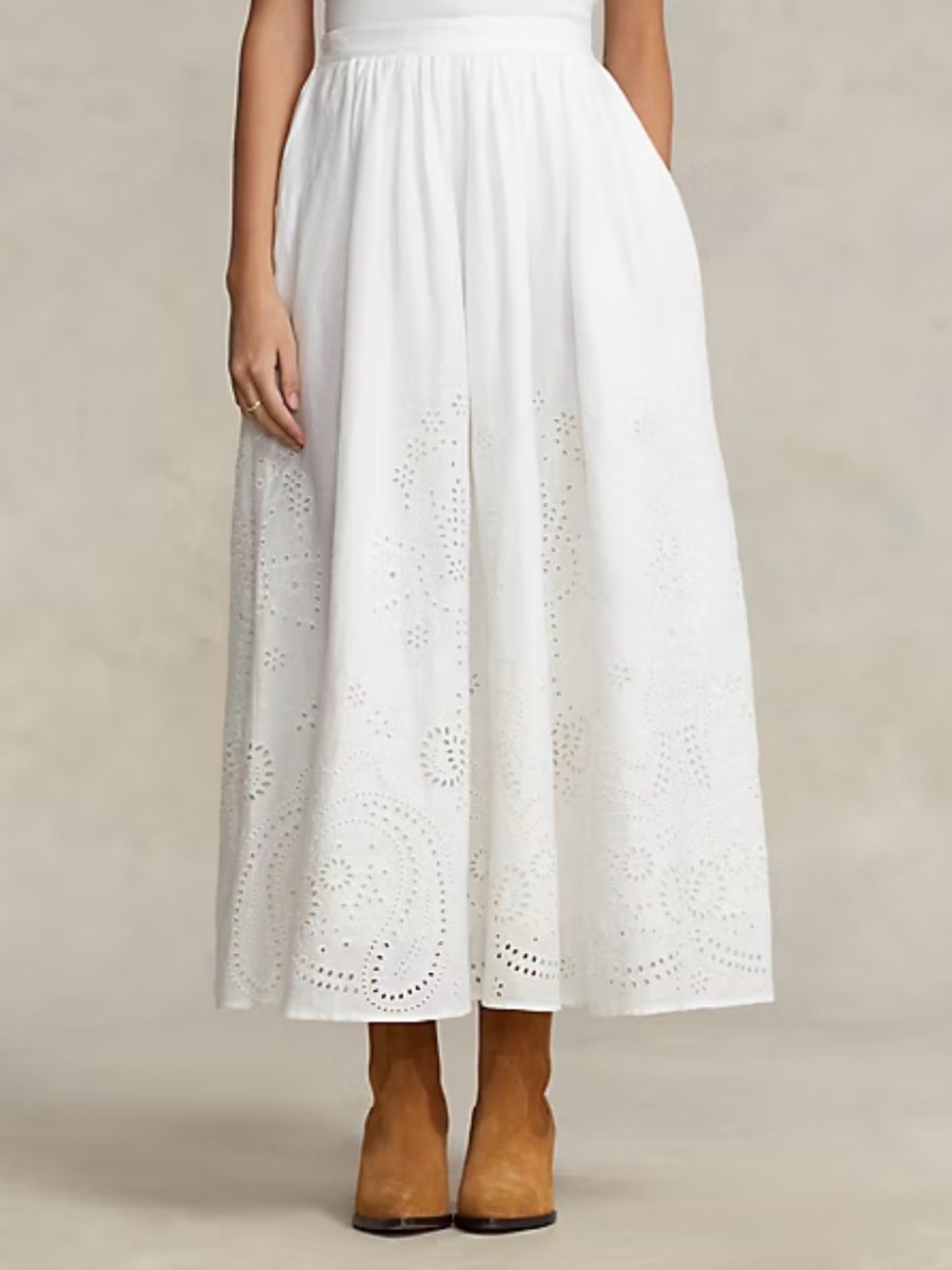 Polo Ralph Lauren Eyelet Linen Midi Skirt White Embroidered Lace Boho Peasant 10